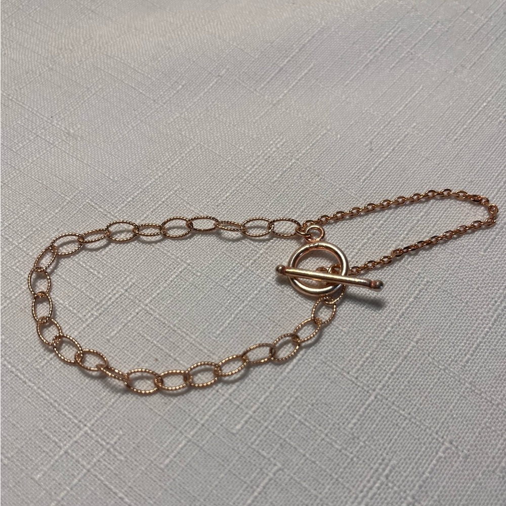 Rose Gold-tone Chain Bracelet with safety chain & toggle clasp. Feminine. Fun